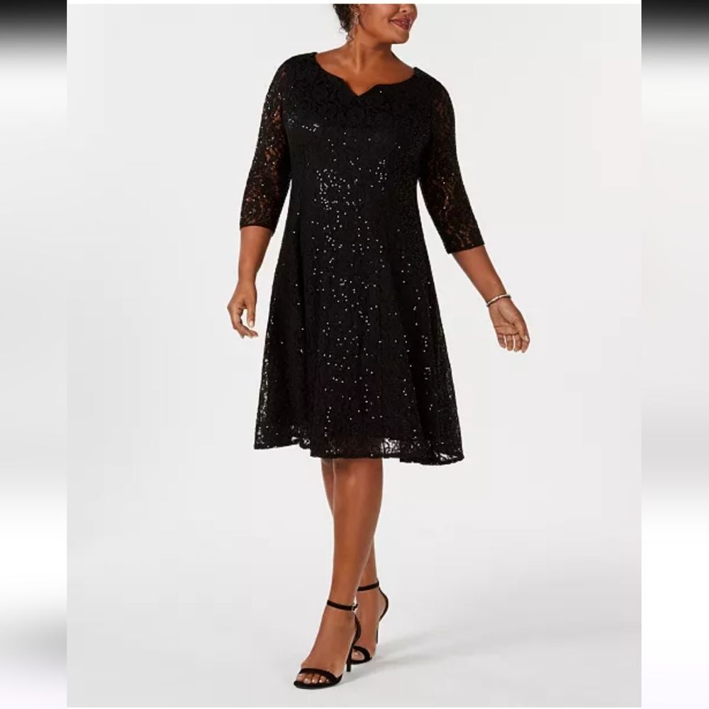 SLNY Black Sequin Lace 3/4 Sleeve A-Line Midi Dress 16W NWT
